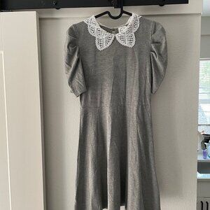 Francesca's Grey Rib Knit Puff Sleeve Collar Mini Dress